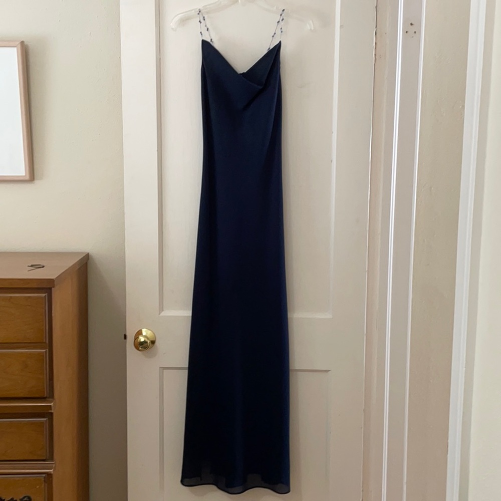 Thea Dora long gown, beaded straps, low back, size 10 (runs small), navy blue